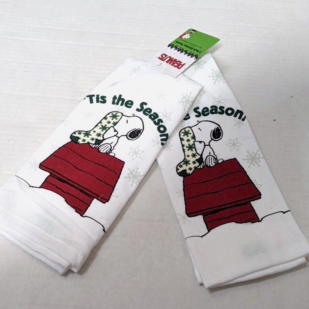 Snoopy Kitchen Towel Set 16x26 Tis The Season 100% Cotton Peanuts Christmas